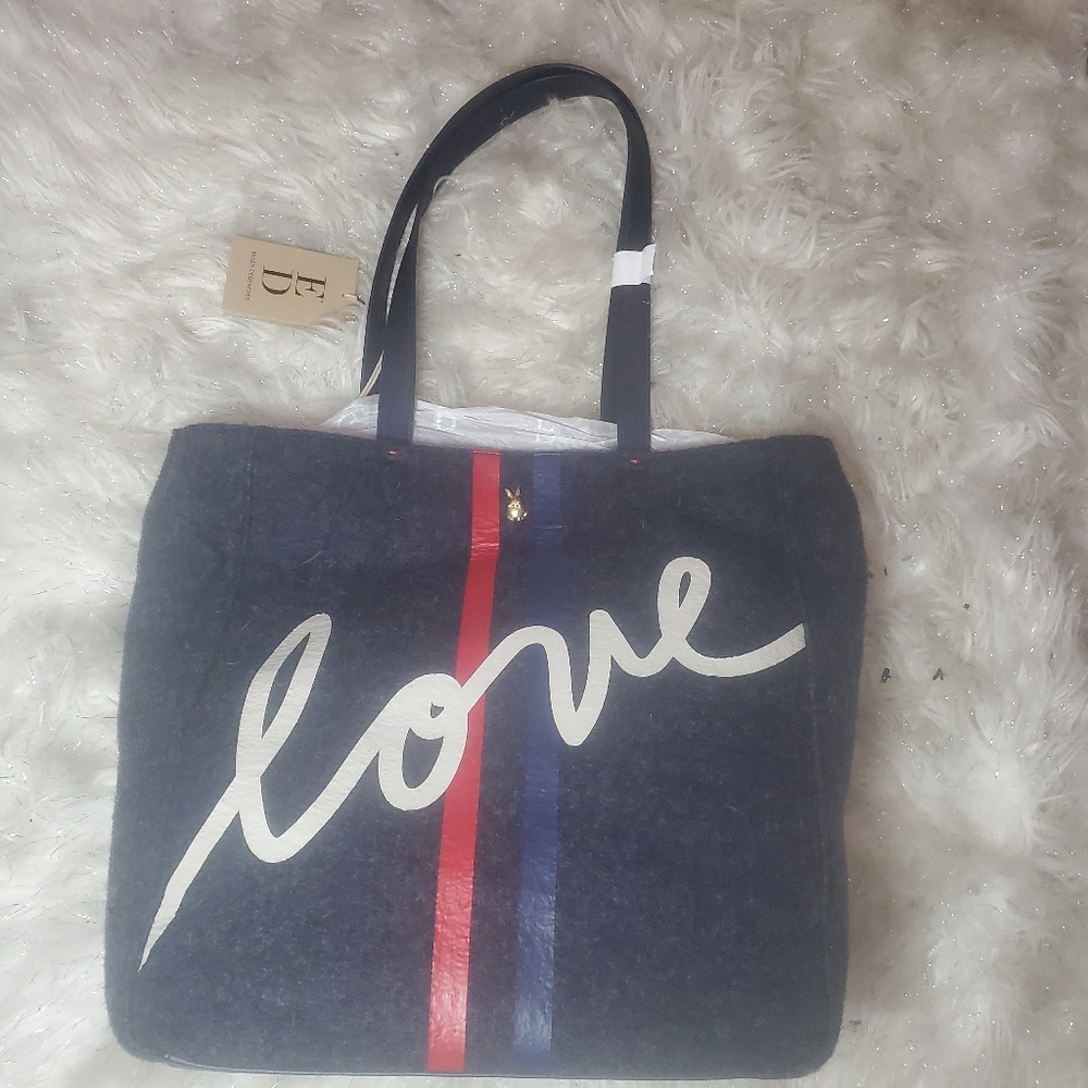Ellen DeGeneres Navy Tote with White 'love' Script and Red & Blue Stripes